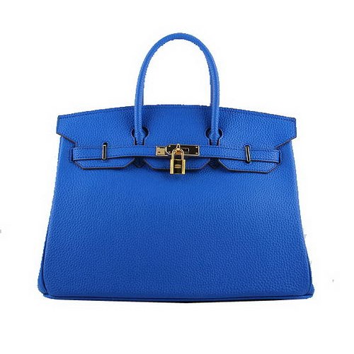Hermes Birkin 35CM Tote Bags Blue Grained Leather H-35 Gold