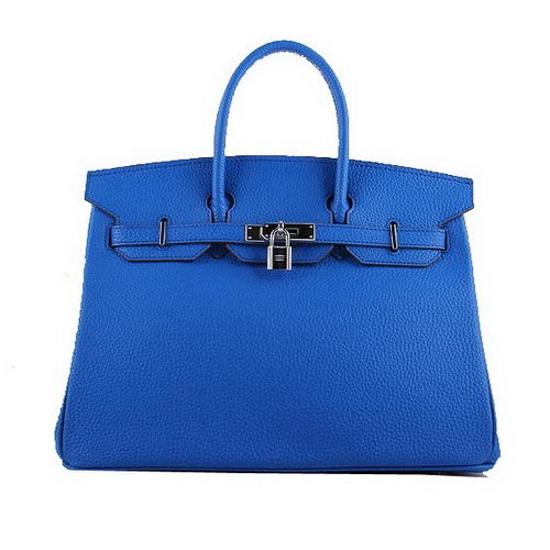 Hermes Birkin 35CM Tote Bags Blue Grained Leather H-35 Silver