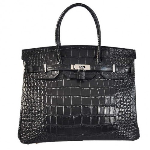 Hermes Birkin 35CM Tote Tašky Z Krokodýlí Kůže Togo Černá Stříbrná