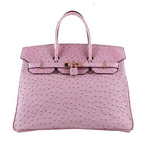 Hermes Birkin 35CM Tote Bags Růžová Pštrosí Kůže H6089 Zlatá