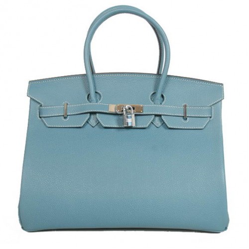 Hermes Birkin 35cm Tote Tašky Hladká Togo Kůže Modrá Stříbrná