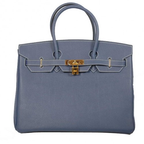 Hermes Birkin 35cm Tote Tašky Hladká Togo Kůže Tmavě Modrá Zlatá