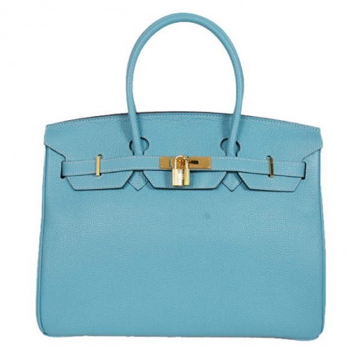Hermes Birkin 35cm Tote Tašky Hladká Togo Kůže Světle Modrá Zlatá