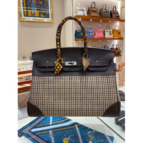 Hermes Birkin Bag Originální Kožená Kabelka 35CM 17888 Houndstooth Tmavě Hnědá