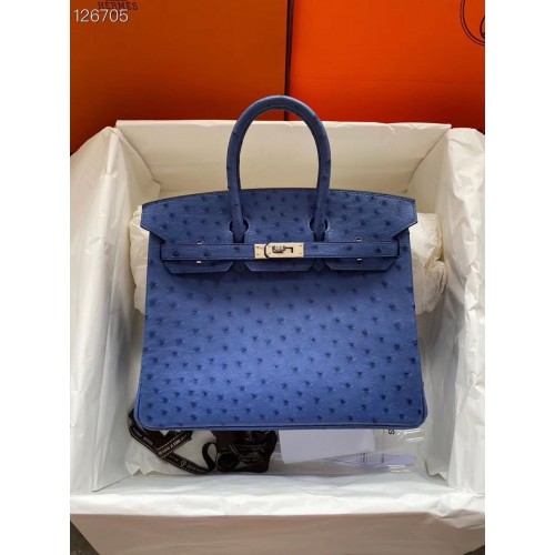 Hermes Birkin Bag Originální Kožená Pštrosí Kůže HBK2530 Tmavě Modrá