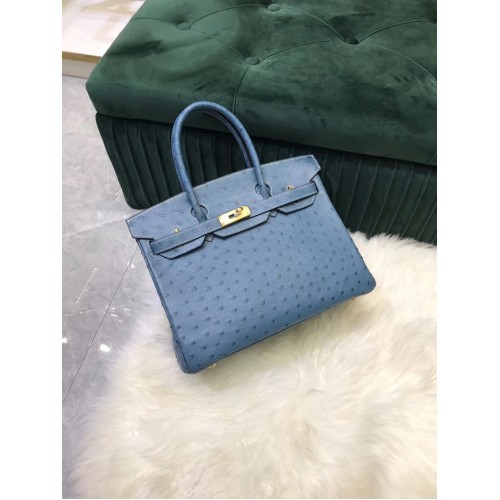 Hermes Birkin Bag Originální Kožená Pštrosí Kůže HBK2530 Modrá