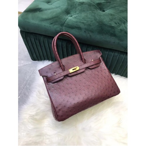 Hermes Birkin Bag Originální Kožená Pštrosí Kůže HBK2530 Burgundská
