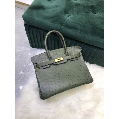 Hermes Birkin Bag Originální Kožená Pštrosí Kůže HBK2530 Černozelená