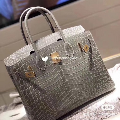 Hermes Birkin Bag Originální kožená kabelka z krokodýlí kůže HBK35 šedá