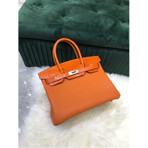 Hermes Birkin Bag Originální kožená taška z krokodýlí kůže HBK2530 oranžová