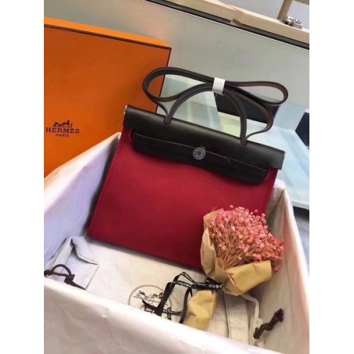 Hermes Herbag 31CM Originální Plátno Kožená Telecí Kůže 45987 Černá A Červená