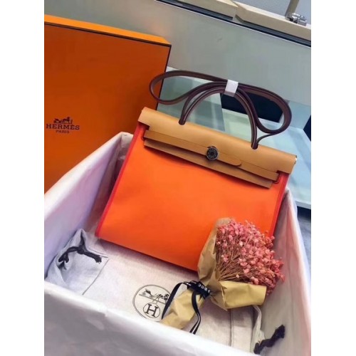 Hermes Herbag 31CM Originální Plátěná Kožená Telecí Kůže 45987 Oranžová A Hnědá