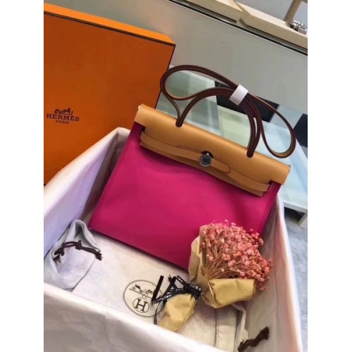 Hermes Herbag 31CM Originální Plátěná Kožená Telecí Kůže 45987 Růžová A Hnědá