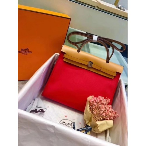 Hermes Herbag 31CM Originální Plátěná Kožená Telecí Kůže 45987 Červená A Meruňková