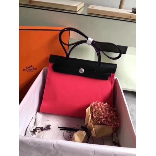 Hermes Herbag 31CM Originální Plátno Kožená Telecí Kůže 45987 Červená A Černá
