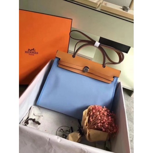 Hermes Herbag 31CM Originální Plátěná Kožená Telecí Kůže 45987 Sky Blue & Brown