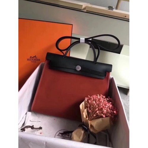 Hermes Herbag 31CM Originální Plátěná Kožená Telecí Kůže 45987 Víno a Černá