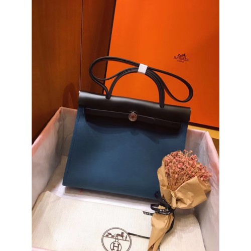 Hermes Herbag 31CM Originální Plátno Kožená Telecí Kůže 45987 Modrá A Černá