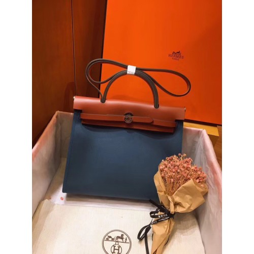 Hermes Herbag 31CM Originální Plátěná Kožená Telecí Kůže 45987 Modrá A Hnědá
