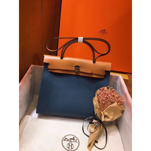 Hermes Herbag 31CM Originální Plátno Kožená Telecí Kůže 45987 Modrá A Meruňková