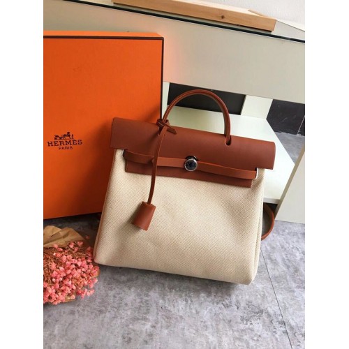 Hermes Herbag 31CM Originální plátěná kožená telecí kůže 45987 hnědá a bílá