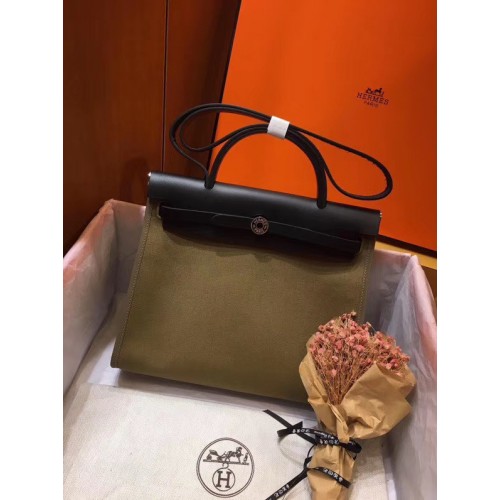 Hermes Herbag 31CM Originální plátěná kožená telecí kůže 45987 zelená a černá