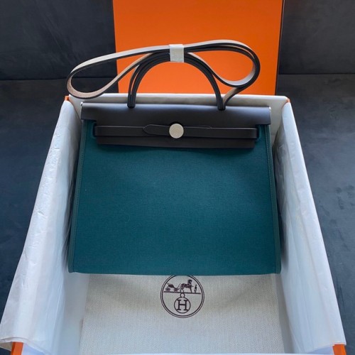 Hermes Herbag 31CM Originální Plátno Kožená Telecí Kůže 45987 nebesky Modrá a černá