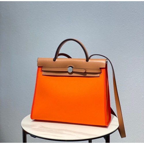 Hermes Herbag 31CM Originální plátěná kožená telecí kůže 48887 oranžová a hnědá