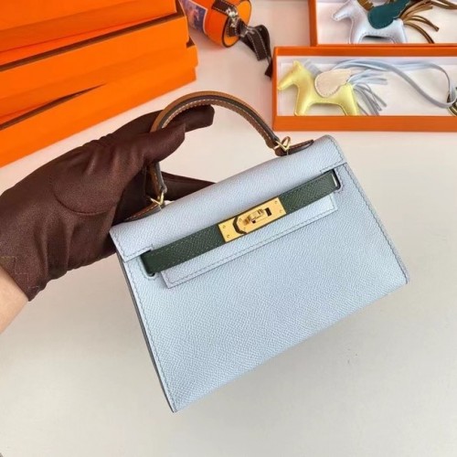 Hermes Kelly 19cm ramenní tašky Epsom Leather KL19 Gold hardware světle modrá a zelená