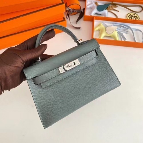 Hermes Kelly 19cm ramenní tašky Epsom Leather KL19 stříbrné hardware mandlově zelené
