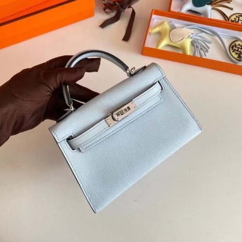 Hermes Kelly 19cm ramenní tašky Epsom Leather KL19 stříbrné hardware ledovcově modrá