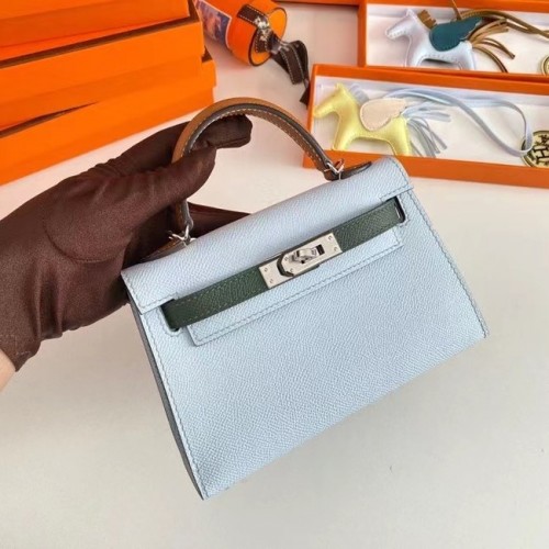 Hermes Kelly 19cm ramenní tašky Epsom Leather KL19 stříbrné hardware světle modrá a zelená