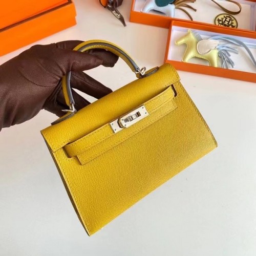 Hermes Kelly 19cm ramenní tašky Epsom Leather KL19 stříbrná hardware žlutá