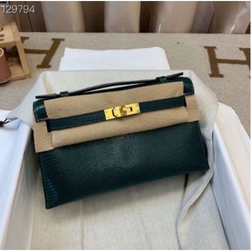 Hermes Kelly 22CM Tote Bag Originální Lizard Leather KL22 Tmavě Zelená