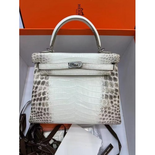 Hermes Kelly 25CM originální jihoafrická kožená taška z krokodýlí kůže Nilu KL25 bílá a šedá