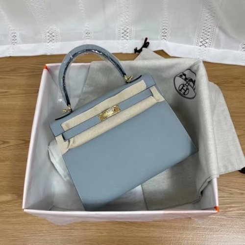 Hermes Kelly 25cm ramenní tašky Epsom KL2755 světle modrá a zlatá kovová