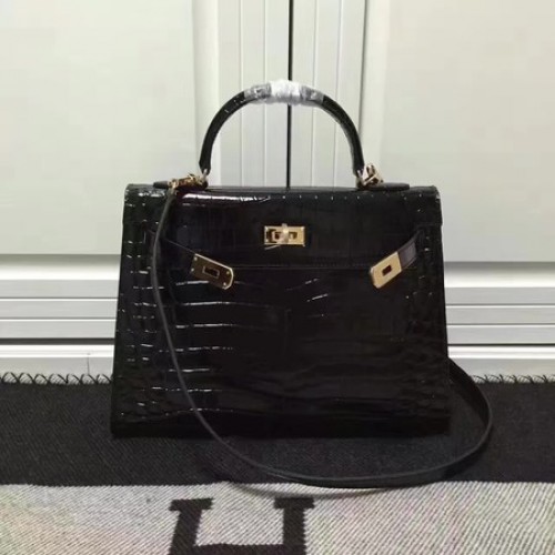 Hermes Kelly 28cm Taška přes rameno z krokodílí kůže K28 černá