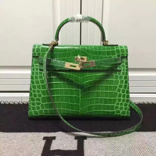 Hermes Kelly 28cm Taška přes rameno z krokodílí kůže K28 zelená