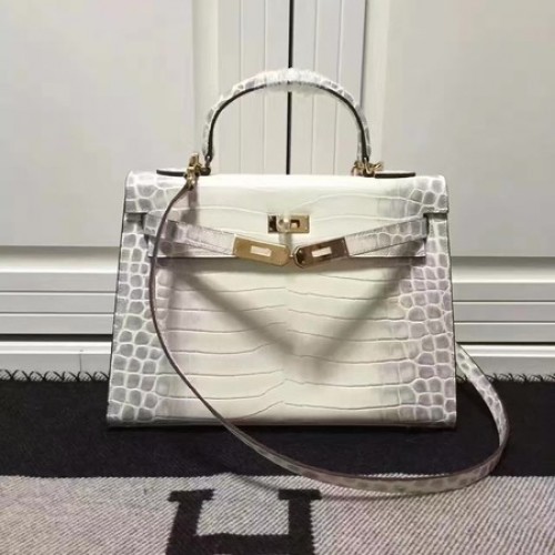 Hermes Kelly 28cm Taška přes rameno z krokodílí kůže K28 Světle modrá