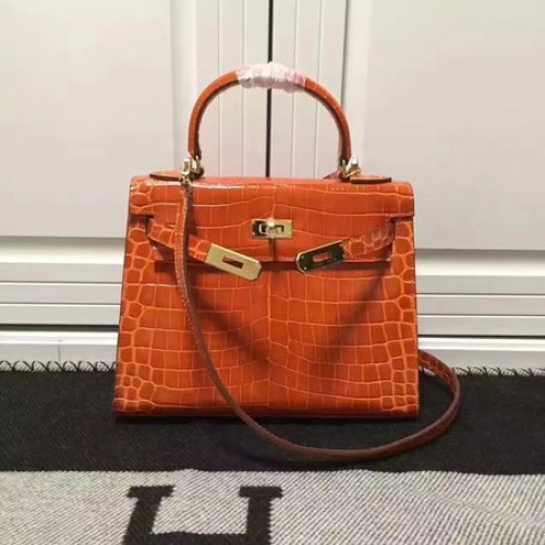 Hermes Kelly 28cm Taška přes rameno z krokodílí kůže K28 oranžová
