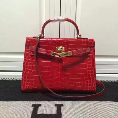 Hermes Kelly 28cm Taška přes rameno z krokodílí kůže K28 červená