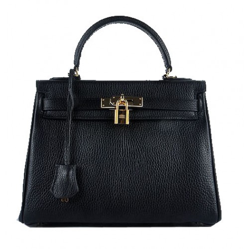 Hermes Kelly 28cm ramenní tašky černé zrnité kůže zlaté
