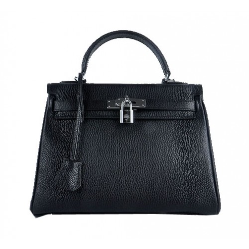 Hermes Kelly 28cm ramenní tašky černé zrnité kůže stříbrné