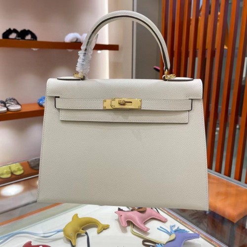 Hermes Kelly 28cm ramenní tašky Epsom Leather KL28 krémově bílé zlato hardware