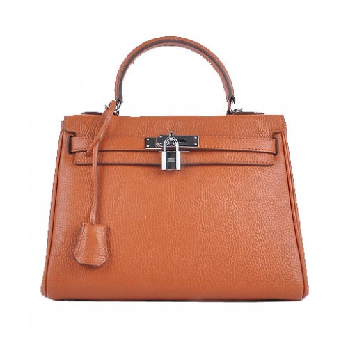 Hermes Kelly 28cm ramenní tašky oranžové zrnité kůže stříbrné
