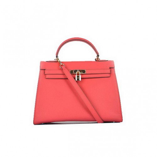 Módní Hermes Kelly 32cm Tašky Světle Červená Telecí Kůže Zlatá