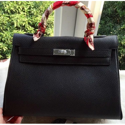 Hermes Kelly 32cm ramenní taška černá telecí kůže K32CL stříbrná