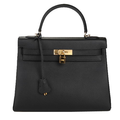 Hermes Kelly 32cm Taška přes rameno Černá Originální Kůže K32 Zlatá
