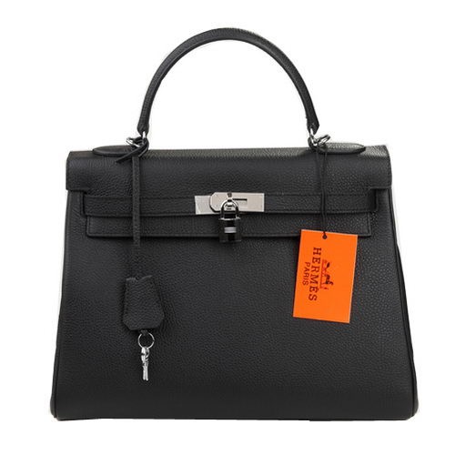 Hermes Kelly 32cm Taška přes rameno Černá Originální Kožená K32 Stříbrná