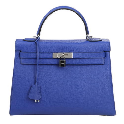 Hermes Kelly 32cm Taška přes rameno Modrá Originální Kůže K32 Stříbrná
